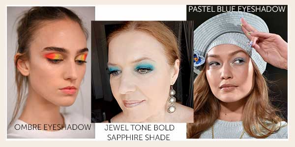 three photos with young women with bright eye makeup 
