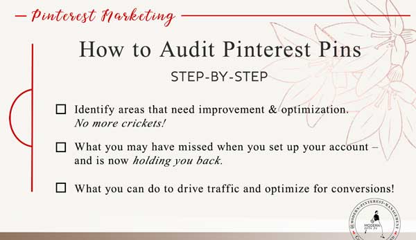 Optimize Pinterest pin. Step by step guide to optimizing your Pinterest account to increase traffic to your business and improving your Pinterest business strategy