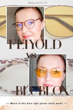 BON CHARGE VS FEIYOLD Amazon blue light glasses: Which does really work? 16 Pin image with women over 50 in BluBlox Summer glo and FEIYOLD Blue Light COMPUTER Glasses