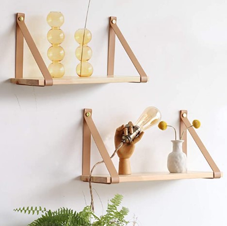 Leather Strap Wood Floating Wall Shelf