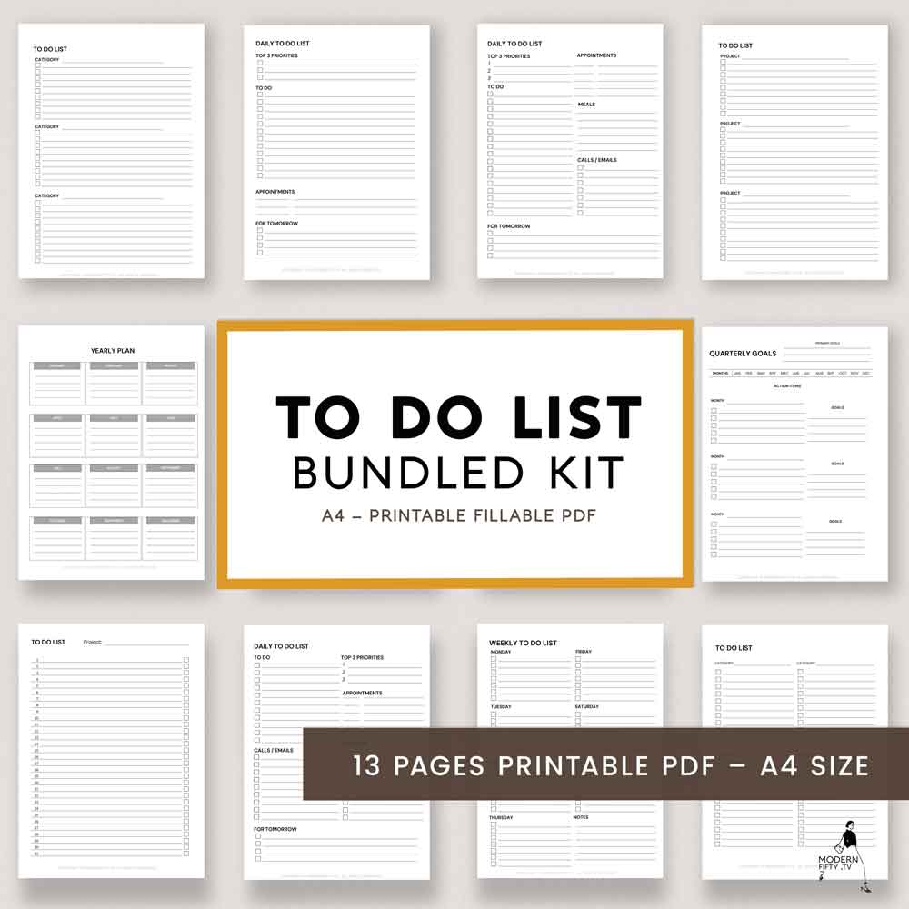 Minimal To-Do List Bundle Kit (13 documents) 1 Stay organised and keep track of all your tasks with this To-Do List Bundle Kit printable