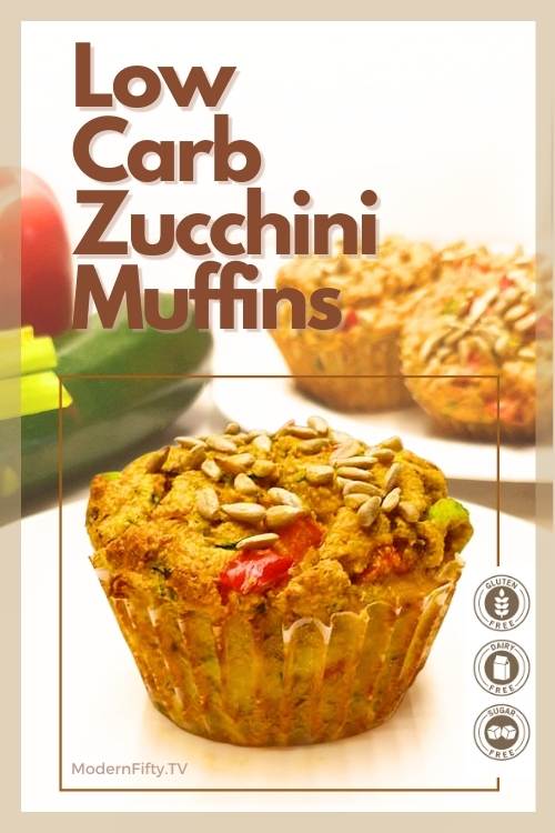 Low Carb Savory Zucchini Muffins - KETO 11 pin image for Pinterest with a single low carb zucchini muffin on it.