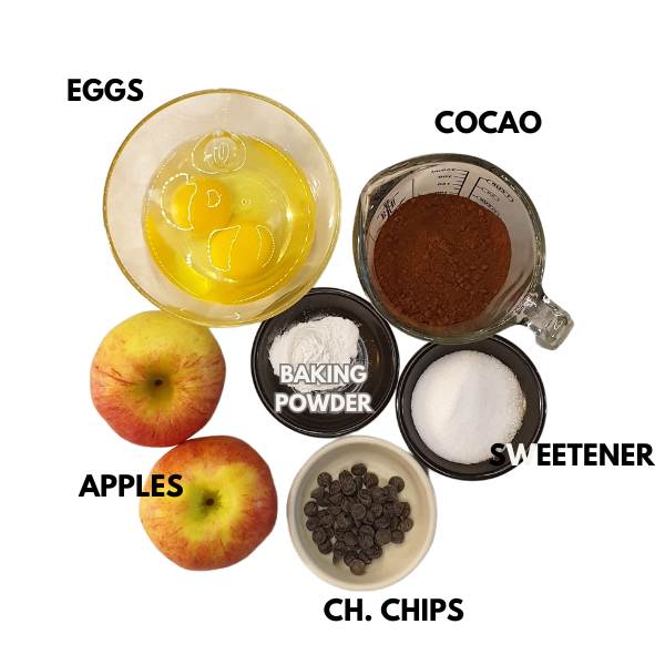 photo of ingredients for a 5 minuts low-carb microwave chocolate apple brownie