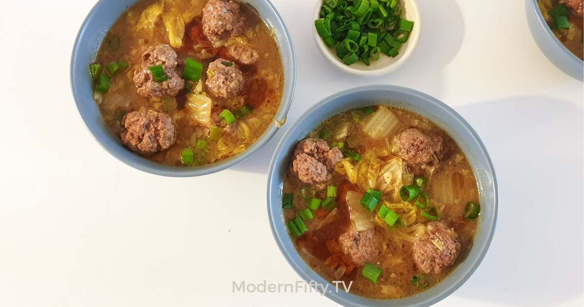 Hearty Napa Cabbage Beef Meatball Soup in a bowls