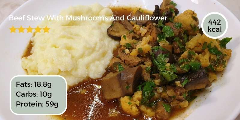 10+ Delicious Low-Carb Soup Recipes for Weight Loss 12 beef stew with mushrooms on a plate with mushed cauloflower