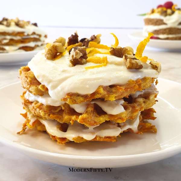 Carrot cake cooked in a waffle maker on a plate