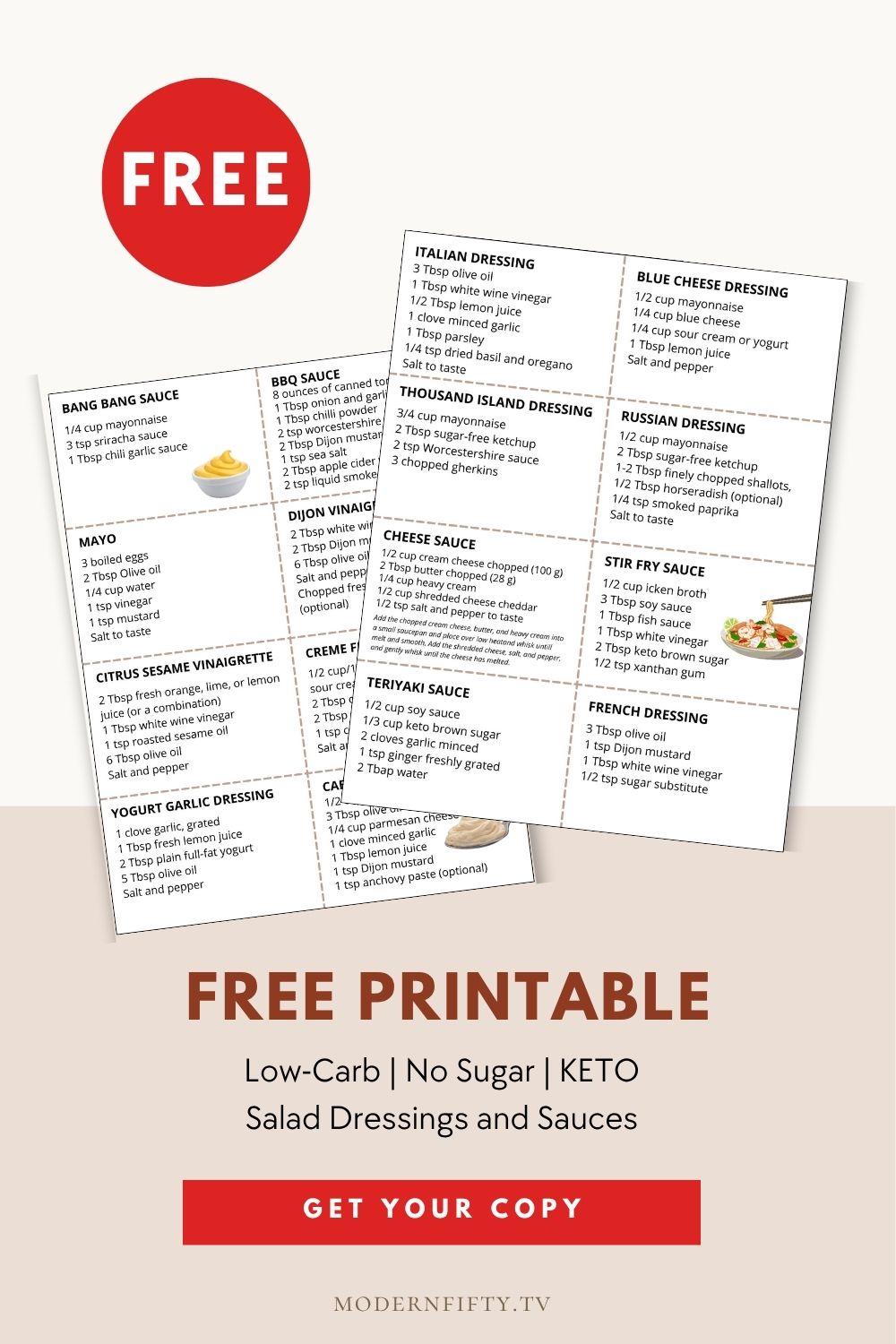 16 Low-Carb Salad Dressings & Sauces You Can Make at Home (Free Printable!) 10 Flat lay of keto and low-carb salad dressings with a printable recipe sheet in the background.